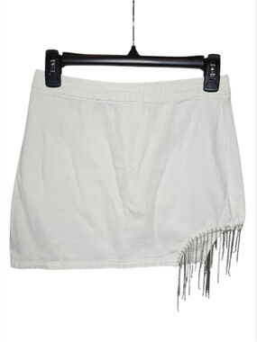 Cloud Ten White Denim Rhinestone Fringe Mini Skirt Side Slit Sparkle Small EUC
